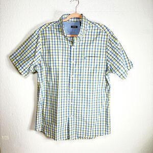 IZOD Shirt Blue Yellow White Plaid Button Down Short Sleeve Pocket Mens Large